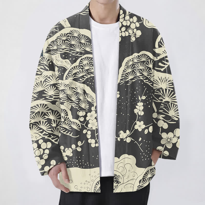 Buddha Stones Cotton Pine Plum Blossom Pattern Open Front Men's Kimono - SlateGray - US/UK/AU48，EU58 (4XL) - image 9