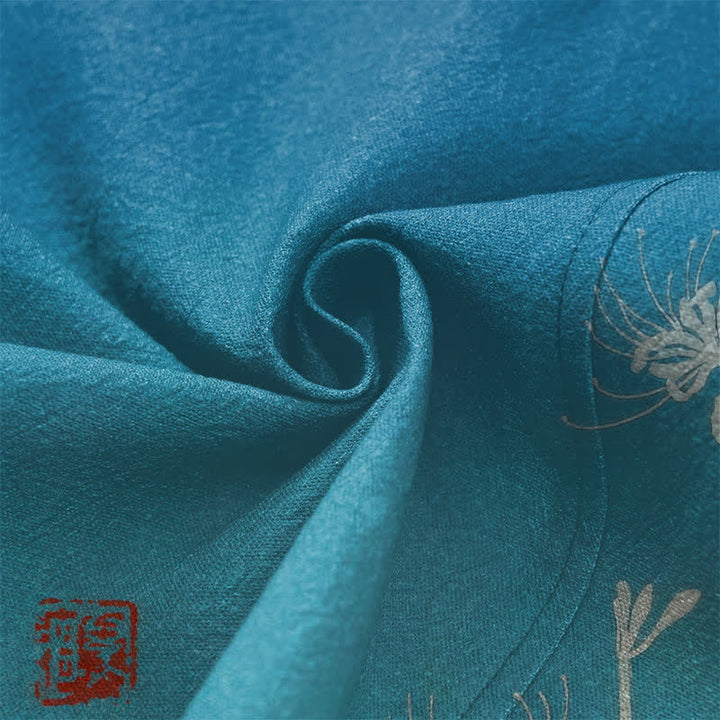 Buddha Stones Cotton White Spider Lily Pattern Open Front Men's Kimono - image 5
