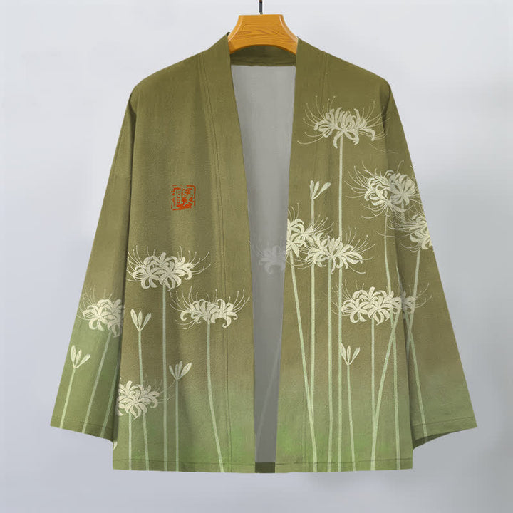 Buddha Stones Cotton White Spider Lily Pattern Open Front Men's Kimono - image 10