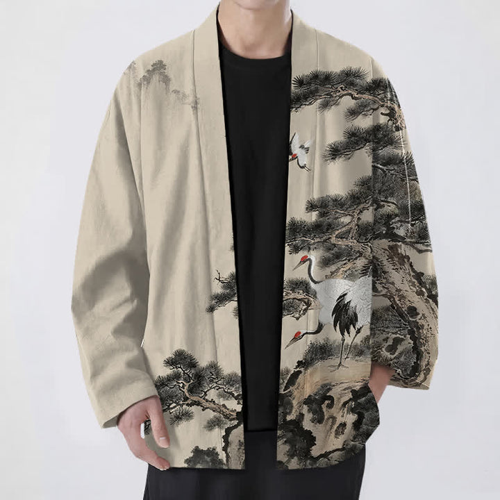 Buddha Stones Cotton Pine Crane Ink Pattern Open Front Men's Kimono - Beige - US/UK/AU48，EU58 (4XL) - image 0