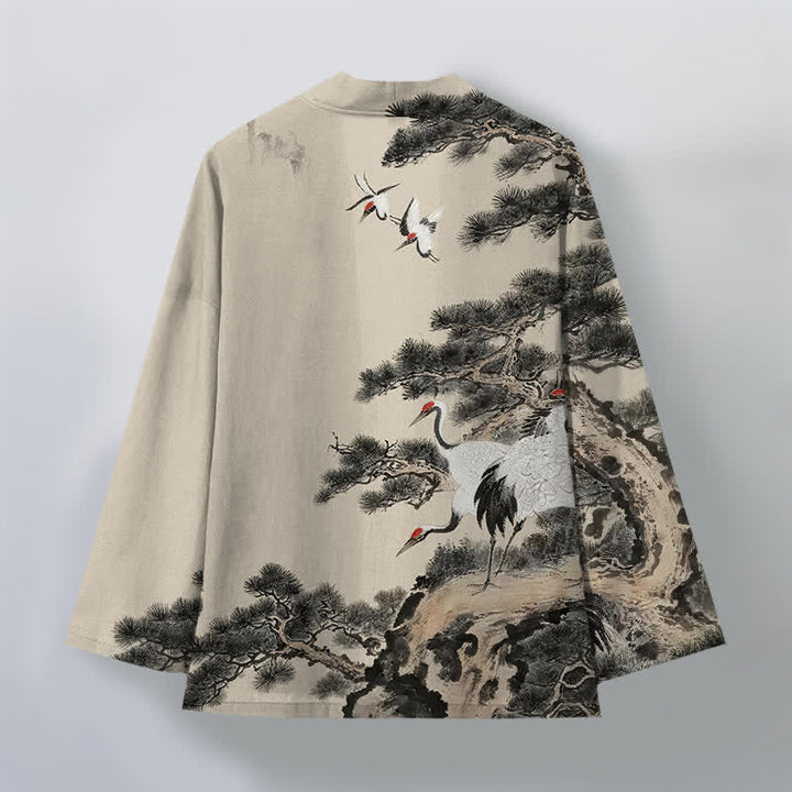 Buddha Stones Cotton Pine Crane Ink Pattern Open Front Men's Kimono - image 2