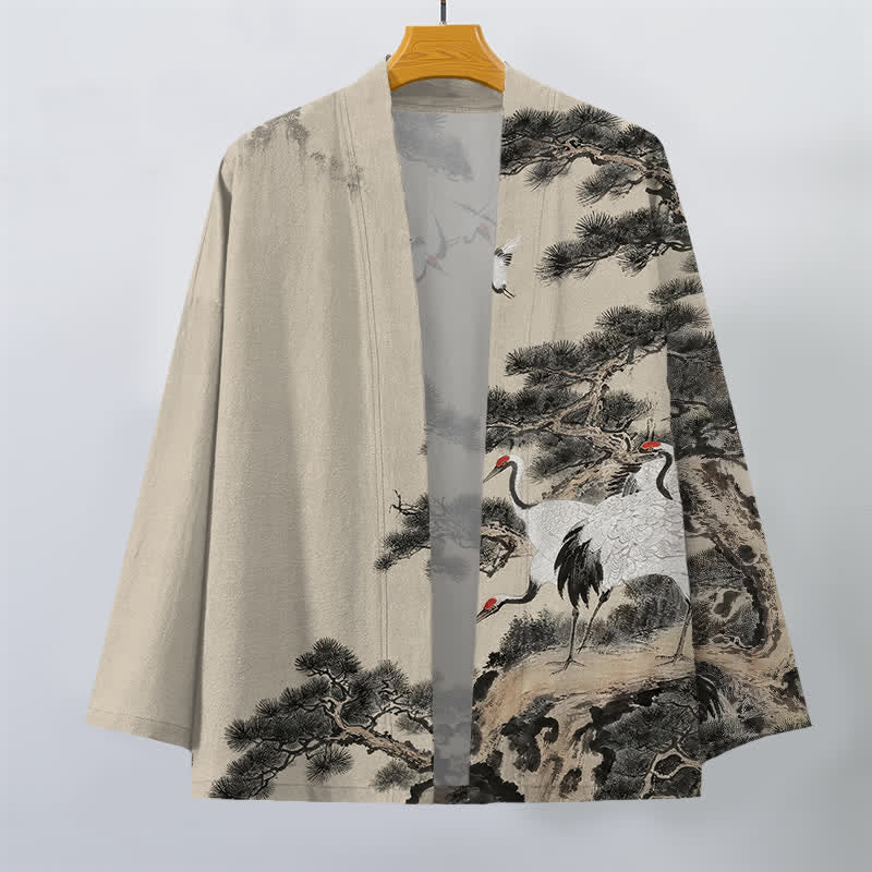 Buddha Stones Cotton Pine Crane Ink Pattern Open Front Men's Kimono - image 1