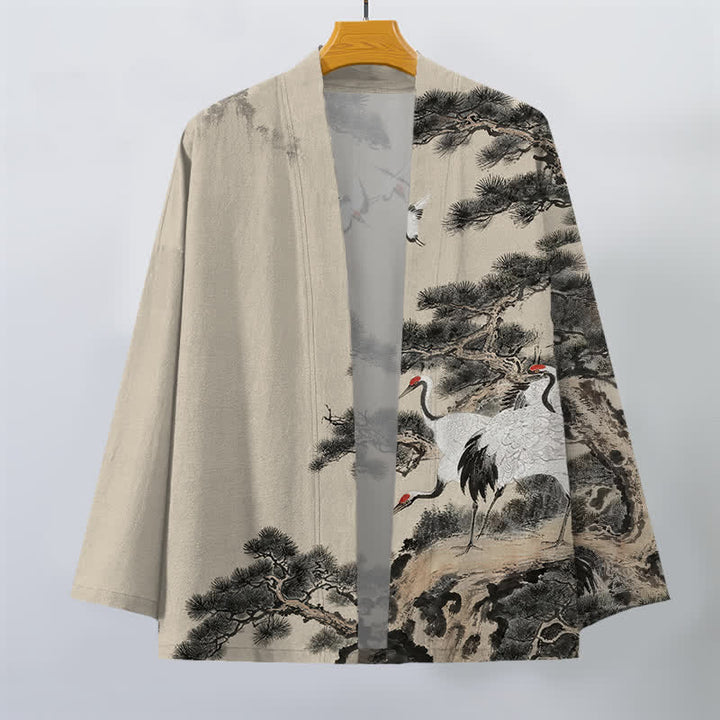 Buddha Stones Cotton Pine Crane Ink Pattern Open Front Men's Kimono - image 1