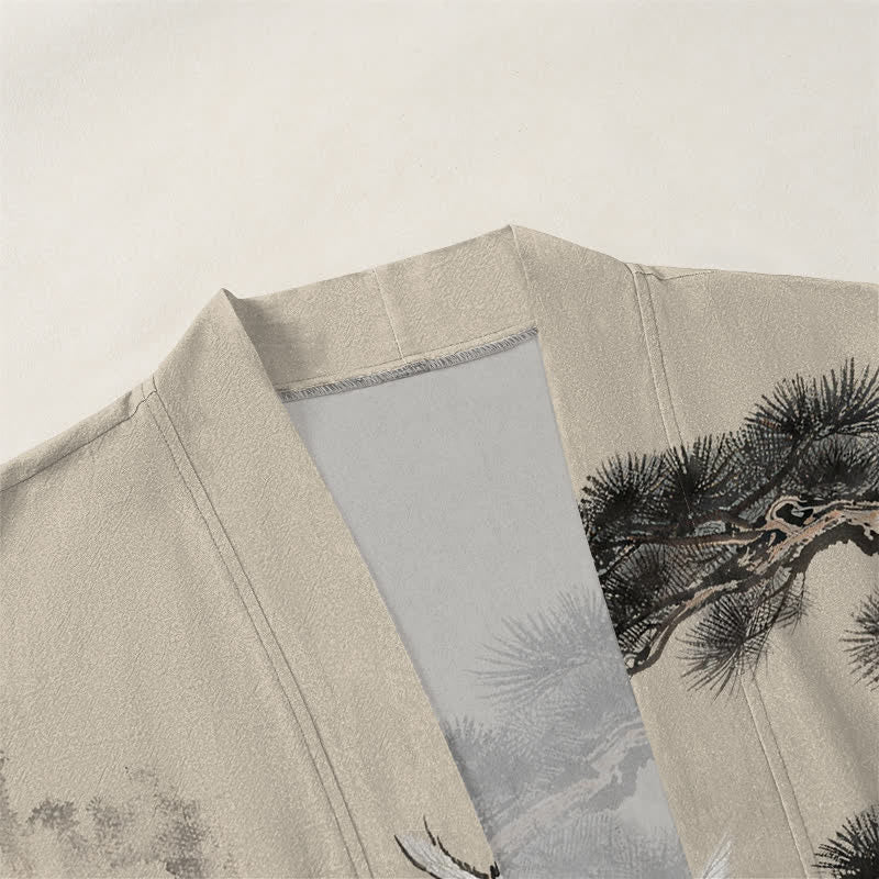 Buddha Stones Cotton Pine Crane Ink Pattern Open Front Men's Kimono - image 3