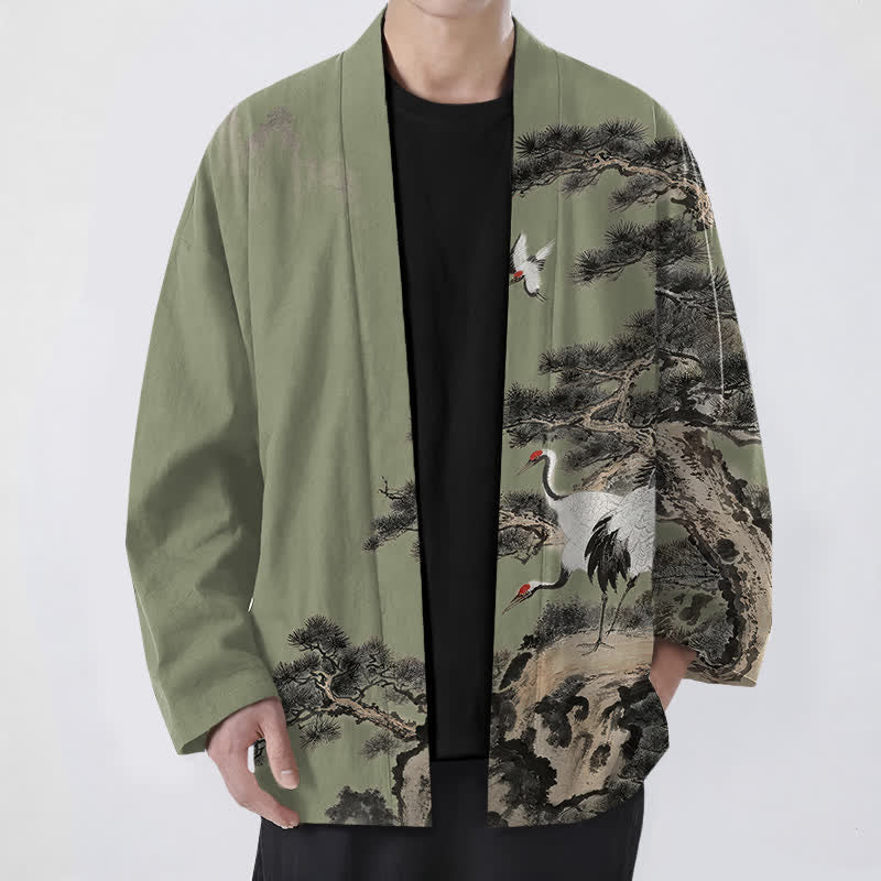 Buddha Stones Cotton Pine Crane Ink Pattern Open Front Men's Kimono - OliveDrab - US/UK/AU48，EU58 (4XL) - image 9
