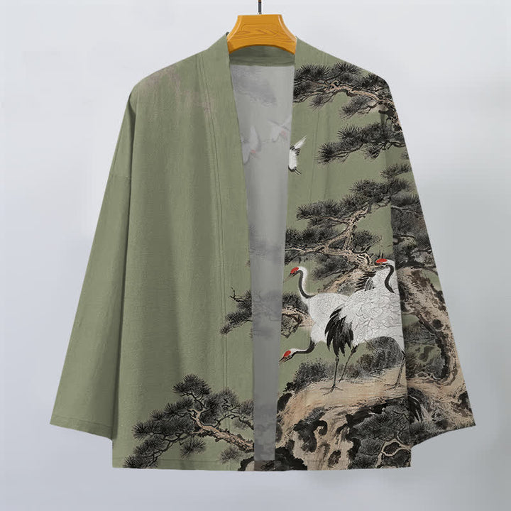 Buddha Stones Cotton Pine Crane Ink Pattern Open Front Men's Kimono - image 10