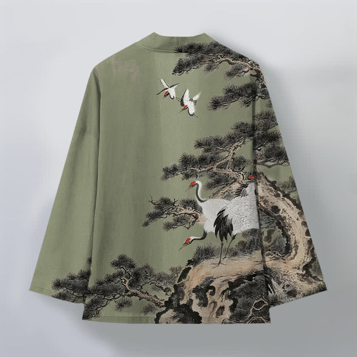 Buddha Stones Cotton Pine Crane Ink Pattern Open Front Men's Kimono - image 11