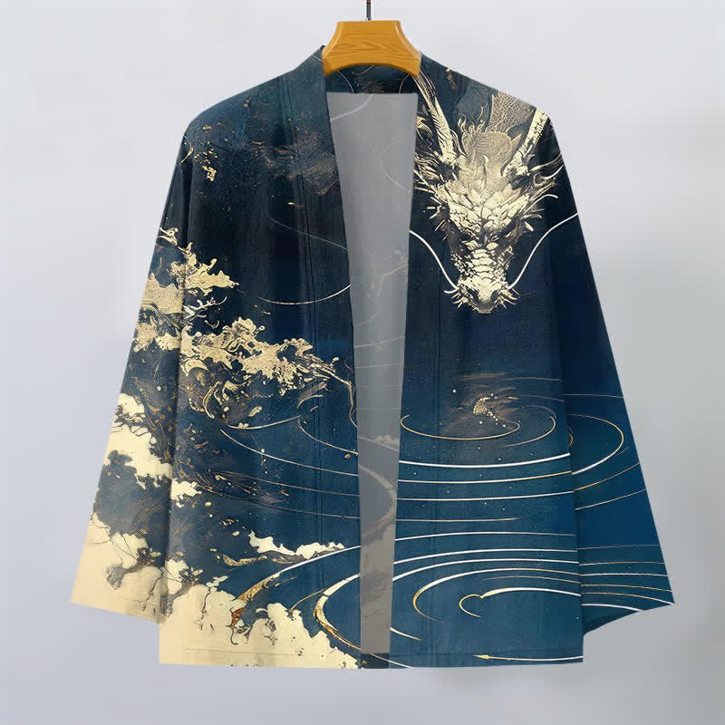Buddha Stones Cotton Golden Dragon Cloud Waves Pattern Open Front Men's Kimono - image 1