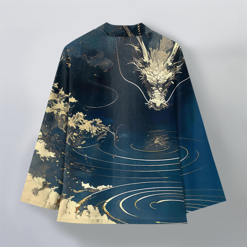 Buddha Stones Cotton Golden Dragon Cloud Waves Pattern Open Front Men's Kimono - image 2