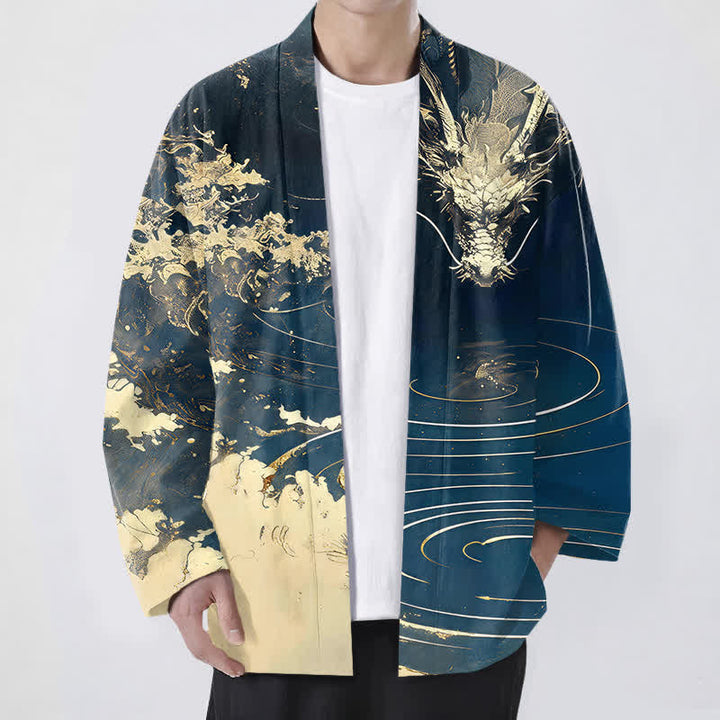 Buddha Stones Cotton Golden Dragon Cloud Waves Pattern Open Front Men's Kimono - Navy - US/UK/AU48，EU58 (4XL) - image 0