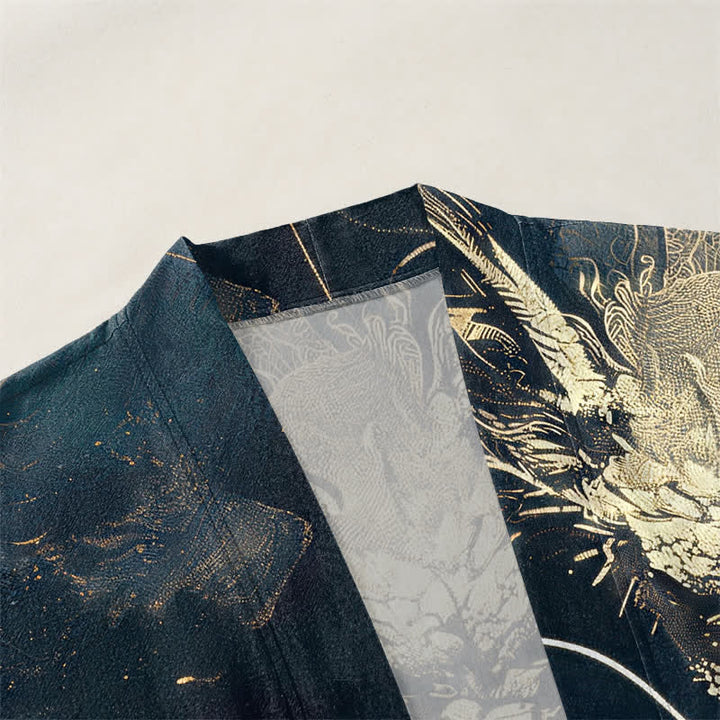 Buddha Stones Cotton Golden Dragon Cloud Waves Pattern Open Front Men's Kimono - image 3