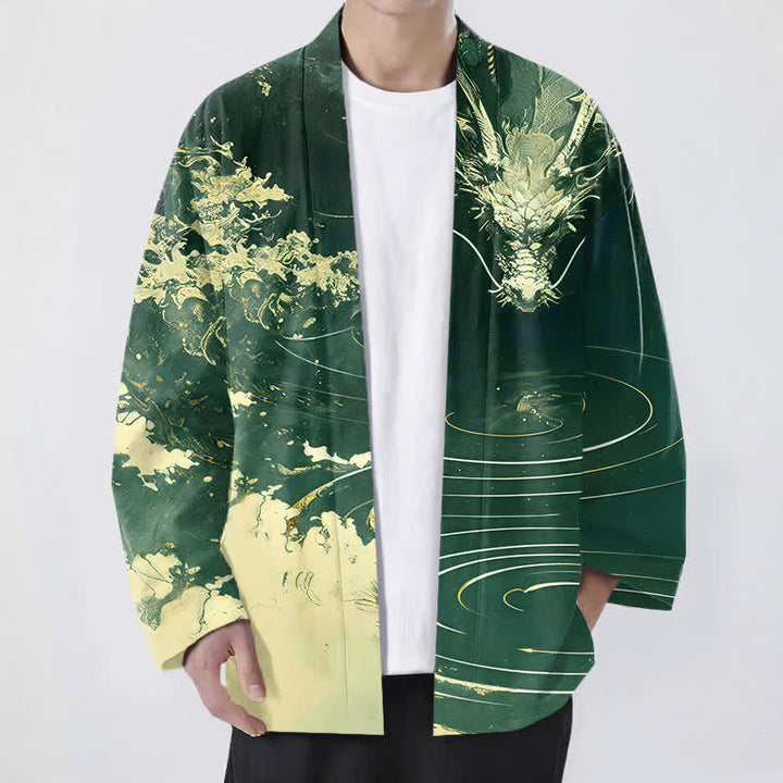 Buddha Stones Cotton Golden Dragon Cloud Waves Pattern Open Front Men's Kimono - DarkGreen - US/UK/AU48，EU58 (4XL) - image 6