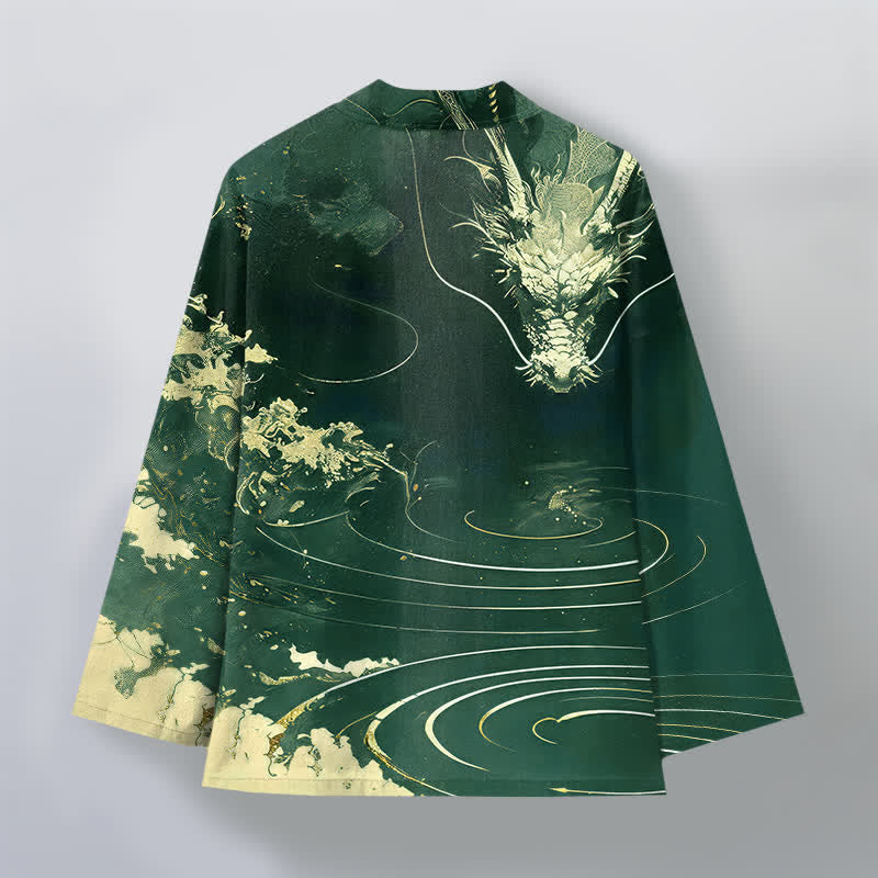 Buddha Stones Cotton Golden Dragon Cloud Waves Pattern Open Front Men's Kimono - image 8