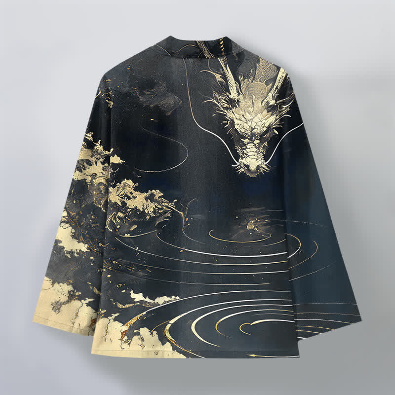 Buddha Stones Cotton Golden Dragon Cloud Waves Pattern Open Front Men's Kimono - image 11