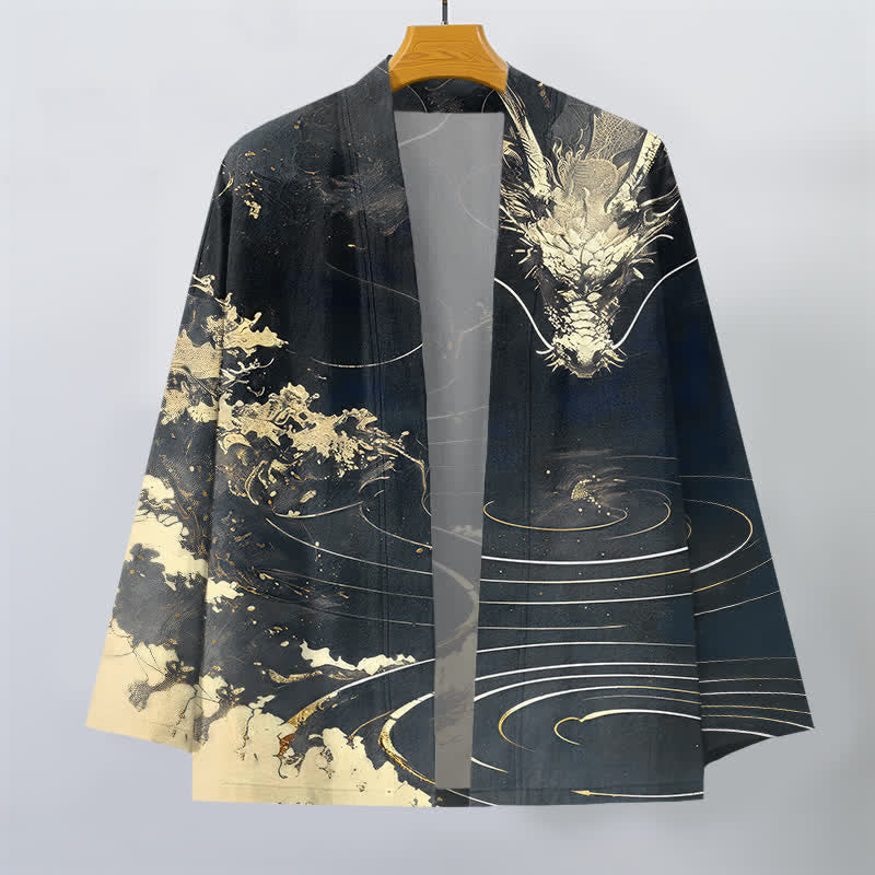 Buddha Stones Cotton Golden Dragon Cloud Waves Pattern Open Front Men's Kimono - image 10
