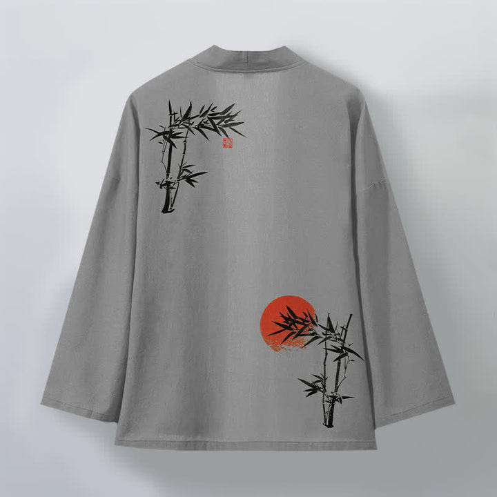 Buddha Stones Cotton Bamboo Red Sun Pattern Open Front Men's Kimono - image 8