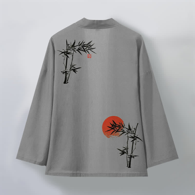 Buddha Stones Cotton Bamboo Red Sun Pattern Open Front Men's Kimono - image 8