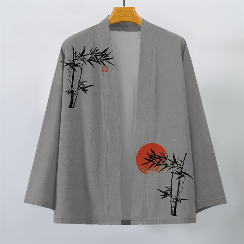 Buddha Stones Cotton Bamboo Red Sun Pattern Open Front Men's Kimono - image 7