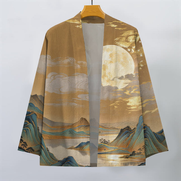 Buddha Stones Cotton Golden Moon Mountain Landscape Pattern Open Front Men's Kimono - image 1