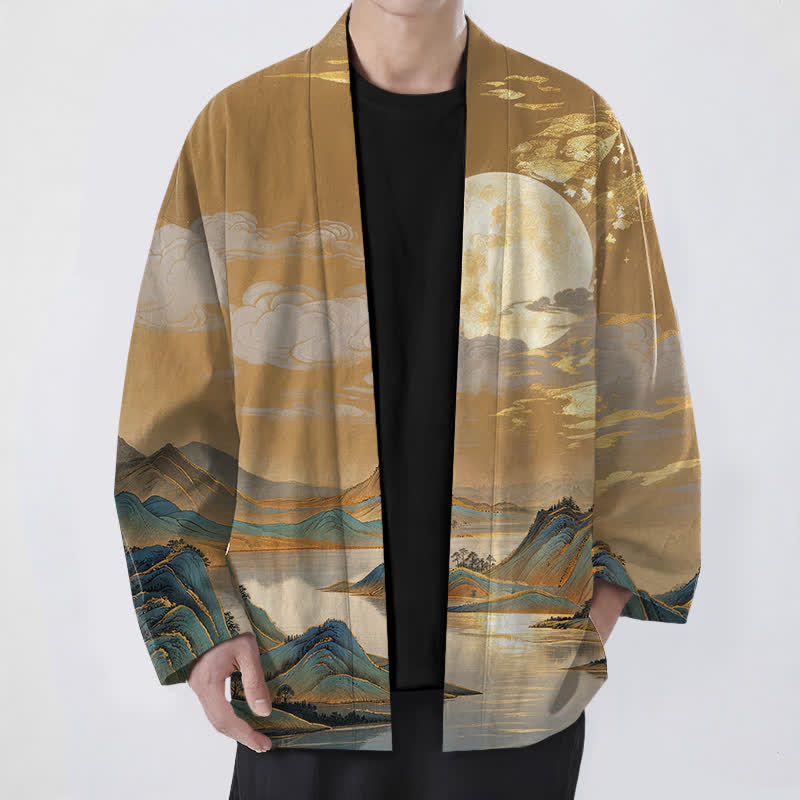Buddha Stones Cotton Golden Moon Mountain Landscape Pattern Open Front Men's Kimono - SandyBrown - US/UK/AU48，EU58 (4XL) - image 0