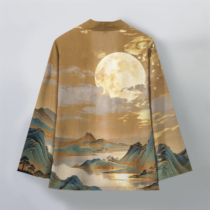 Buddha Stones Cotton Golden Moon Mountain Landscape Pattern Open Front Men's Kimono - image 2