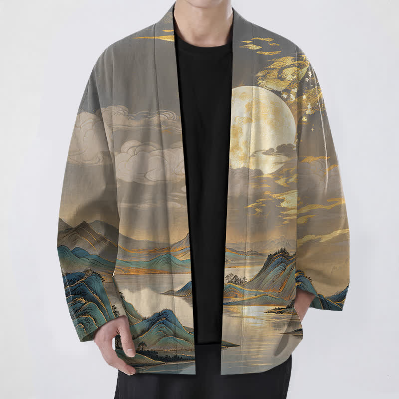 Buddha Stones Cotton Golden Moon Mountain Landscape Pattern Open Front Men's Kimono - SlateGray - US/UK/AU48，EU58 (4XL) - image 6