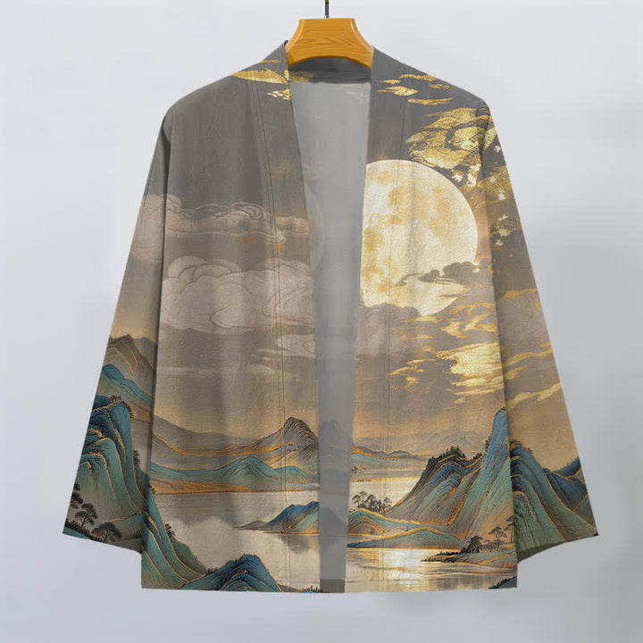 Buddha Stones Cotton Golden Moon Mountain Landscape Pattern Open Front Men's Kimono - image 7