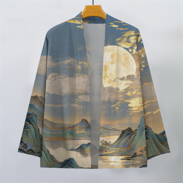 Buddha Stones Cotton Golden Moon Mountain Landscape Pattern Open Front Men's Kimono - image 10