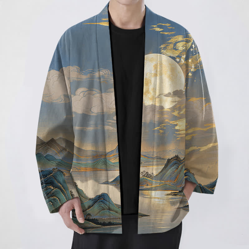 Buddha Stones Cotton Golden Moon Mountain Landscape Pattern Open Front Men's Kimono - SteelBlue - US/UK/AU48，EU58 (4XL) - image 9