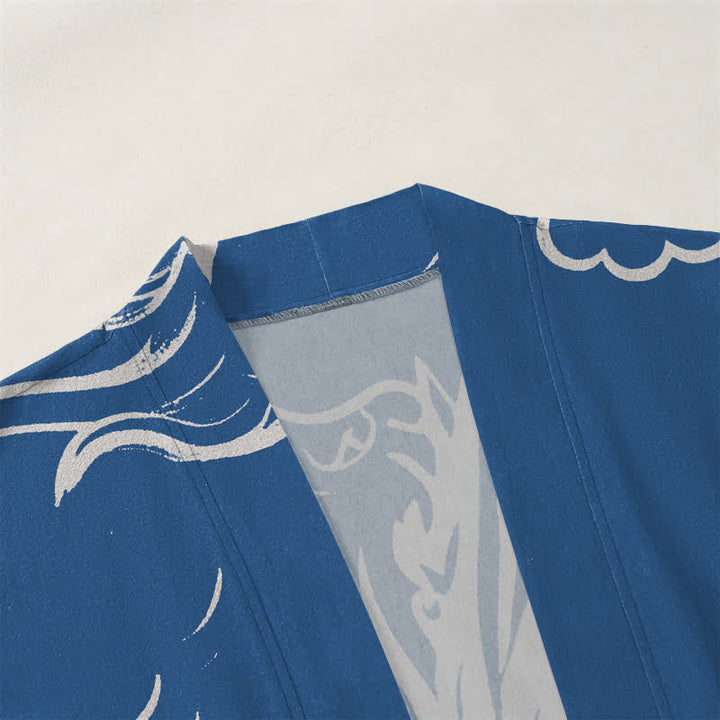 Buddha Stones Cotton White Dragon and Cloud Pattern Open Front Men's Kimono - image 3