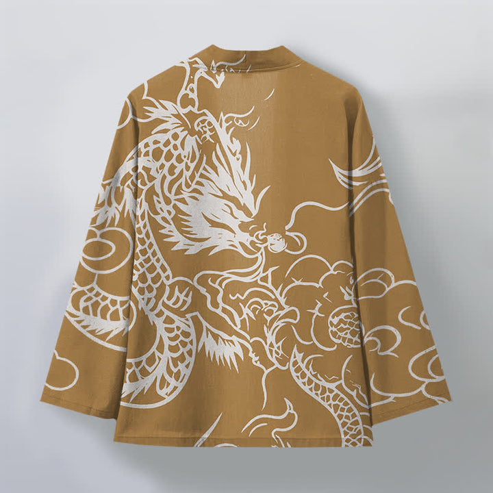 Buddha Stones Cotton White Dragon and Cloud Pattern Open Front Men's Kimono - image 8