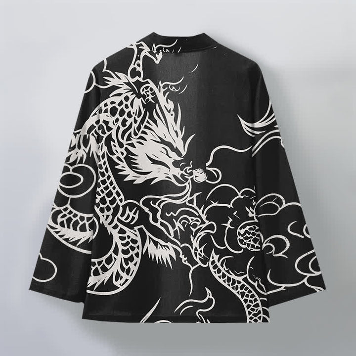 Buddha Stones Cotton White Dragon and Cloud Pattern Open Front Men's Kimono - image 11