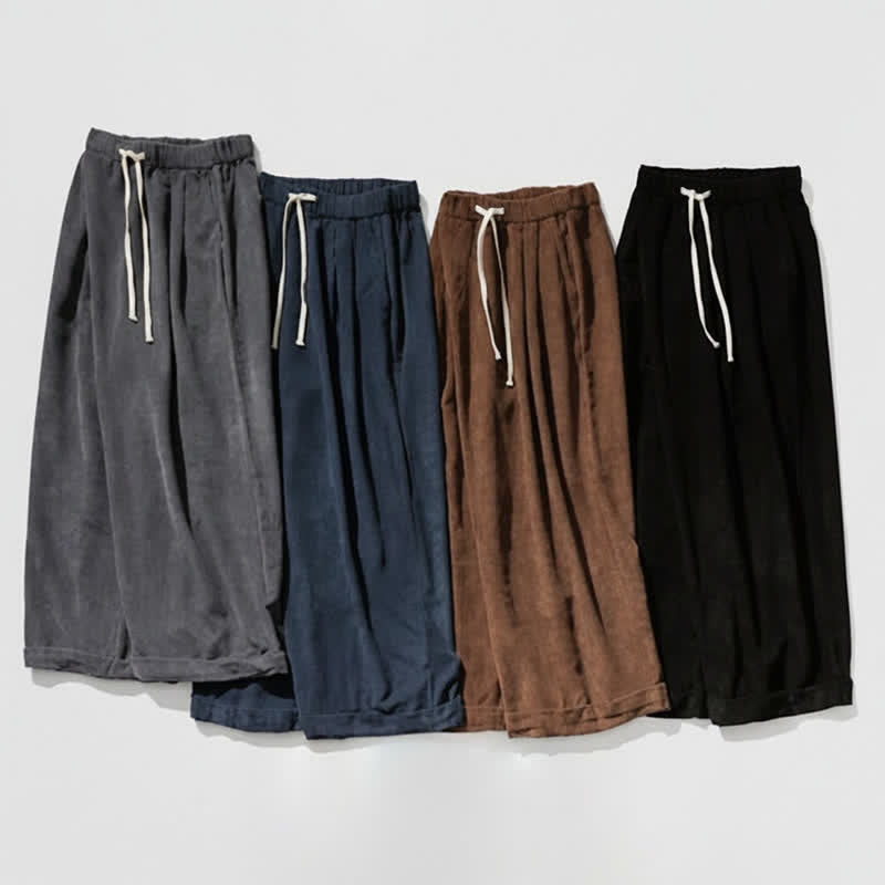 Buddha Stones Fall Winter Casual Drawstring Solid Corduroy Long Pants Men's Wide Leg Pants With Pocket - image 26
