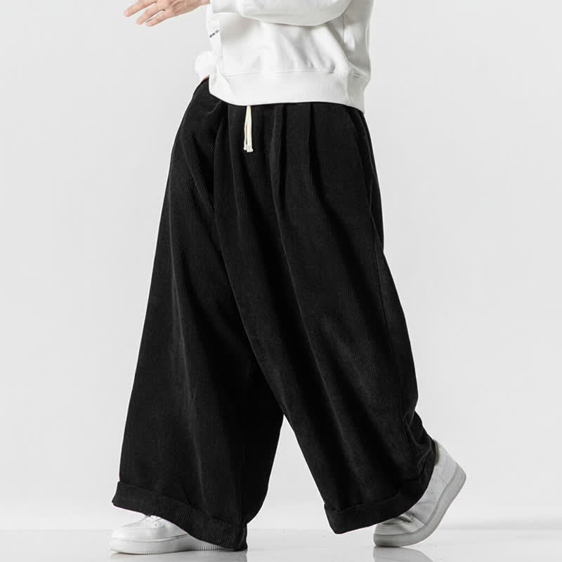 Buddha Stones Fall Winter Casual Drawstring Solid Corduroy Long Pants Men's Wide Leg Pants With Pocket - image 18