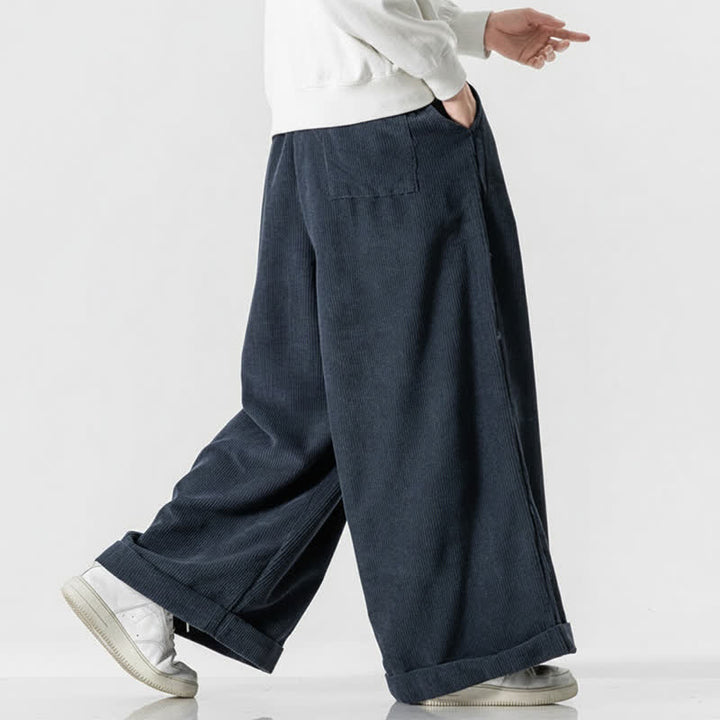 Buddha Stones Fall Winter Casual Drawstring Solid Corduroy Long Pants Men's Wide Leg Pants With Pocket - image 15