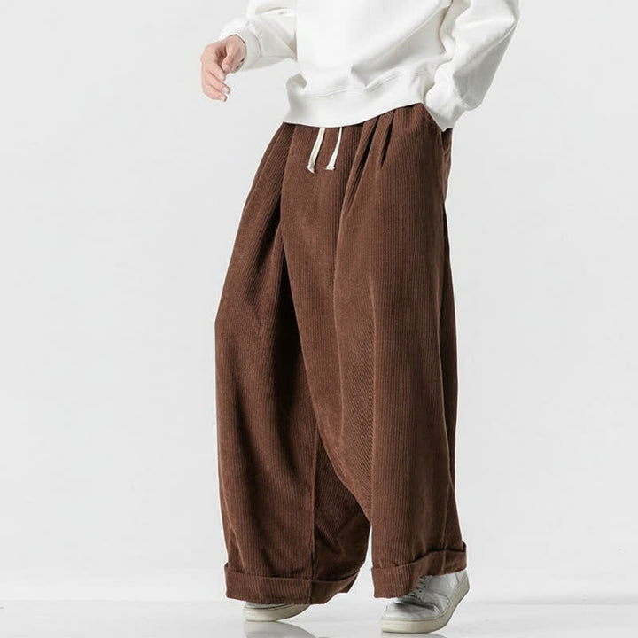 Buddha Stones Fall Winter Casual Drawstring Solid Corduroy Long Pants Men's Wide Leg Pants With Pocket - image 8