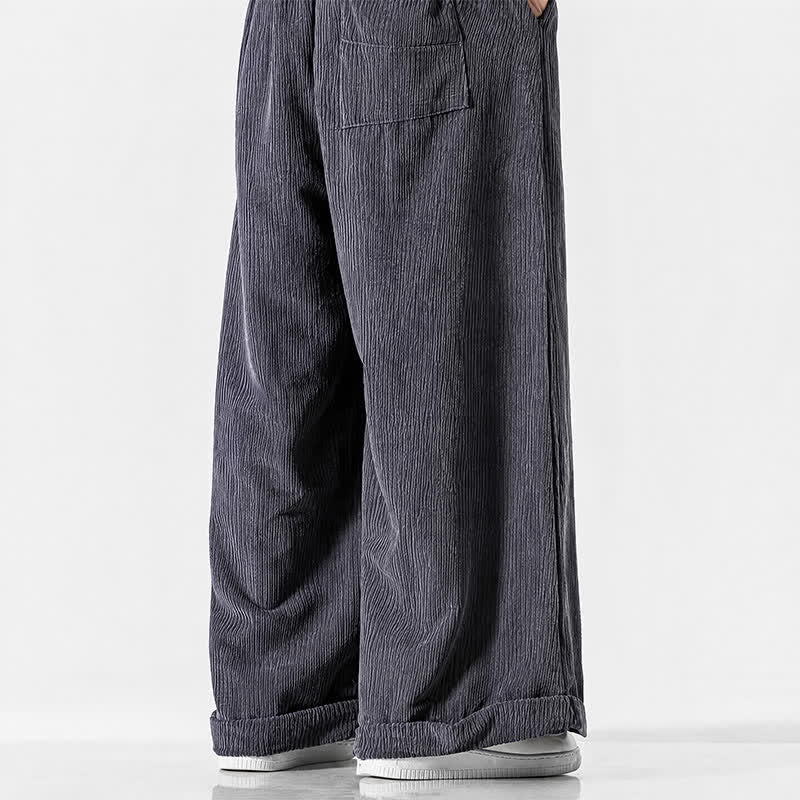 Buddha Stones Fall Winter Casual Drawstring Solid Corduroy Long Pants Men's Wide Leg Pants With Pocket - image 5