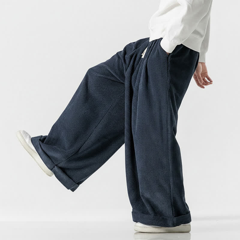 Buddha Stones Fall Winter Casual Drawstring Solid Corduroy Long Pants Men's Wide Leg Pants With Pocket - image 14