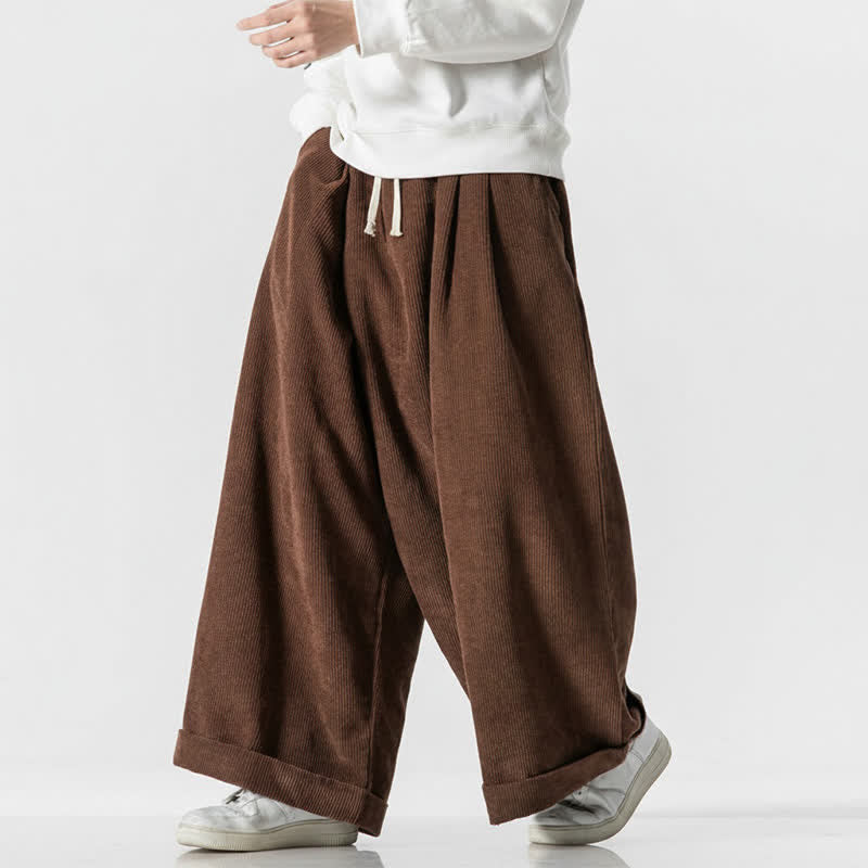 Buddha Stones Fall Winter Casual Drawstring Solid Corduroy Long Pants Men's Wide Leg Pants With Pocket - image 9