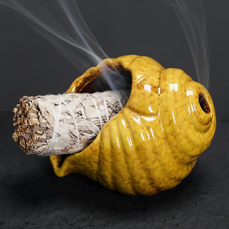 Buddha Stones Ceramic Shankha Purification Conch Shell Incense Burners - Yellow - image 13