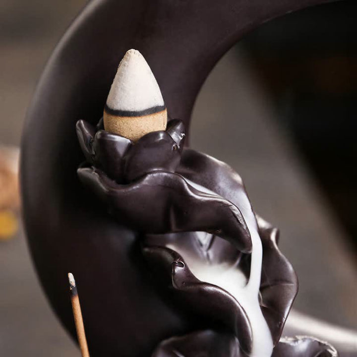 Buddha Stones Purple Clay Crescent Moon Lotus Enlightenment Backflow Incense Burner - image 10