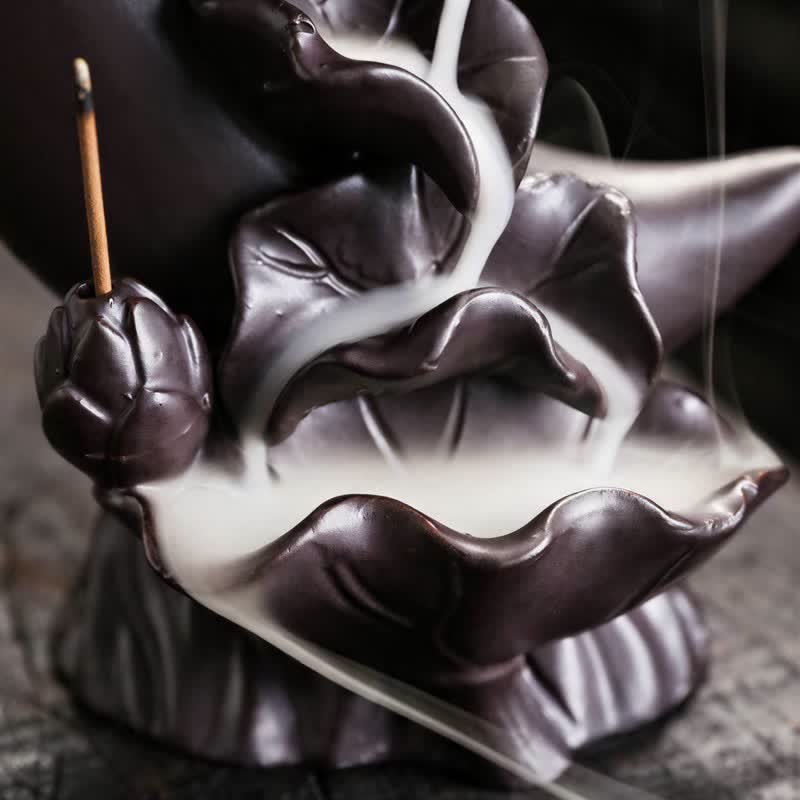 Buddha Stones Purple Clay Crescent Moon Lotus Enlightenment Backflow Incense Burner - image 11