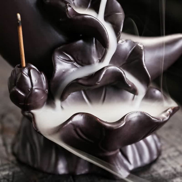Buddha Stones Purple Clay Crescent Moon Lotus Enlightenment Backflow Incense Burner - image 11