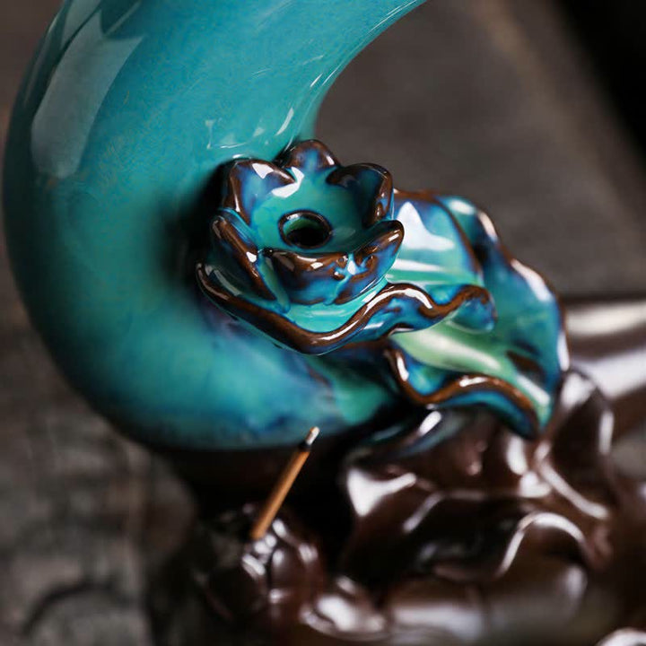 Buddha Stones Purple Clay Crescent Moon Lotus Enlightenment Backflow Incense Burner - image 4