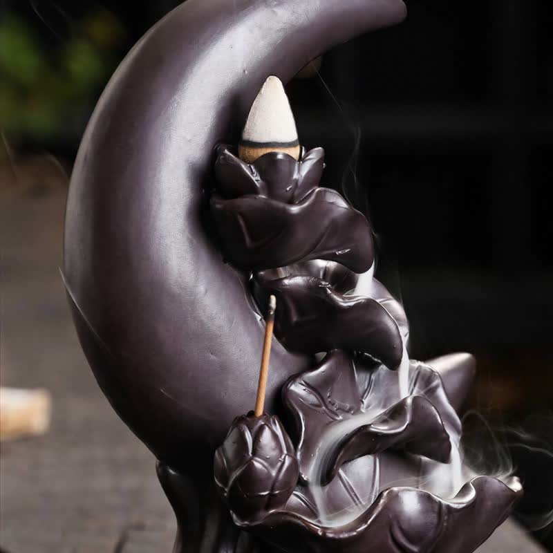 Buddha Stones Purple Clay Crescent Moon Lotus Enlightenment Backflow Incense Burner - image 9