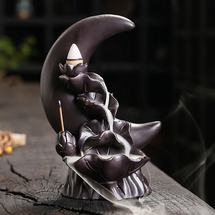 Buddha Stones Purple Clay Crescent Moon Lotus Enlightenment Backflow Incense Burner - Black - image 8