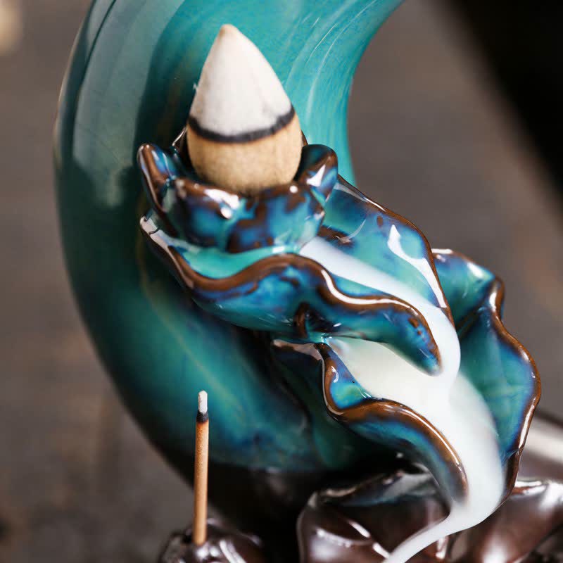 Buddha Stones Purple Clay Crescent Moon Lotus Enlightenment Backflow Incense Burner - image 2
