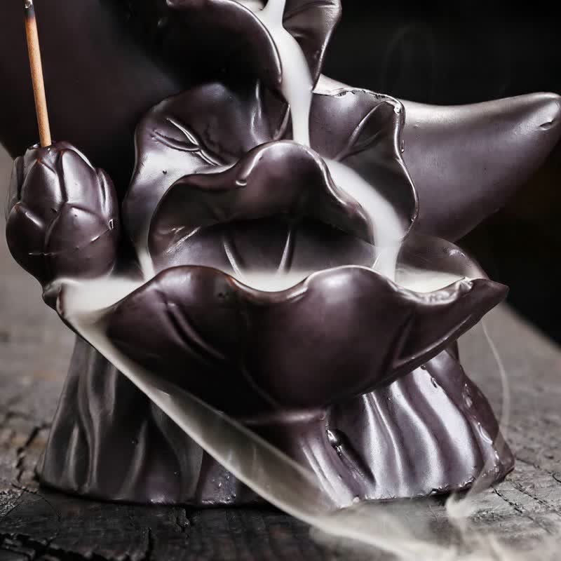 Buddha Stones Purple Clay Crescent Moon Lotus Enlightenment Backflow Incense Burner - image 12