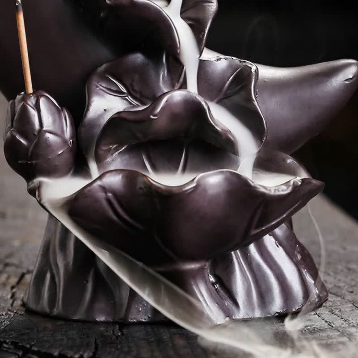 Buddha Stones Purple Clay Crescent Moon Lotus Enlightenment Backflow Incense Burner - image 12