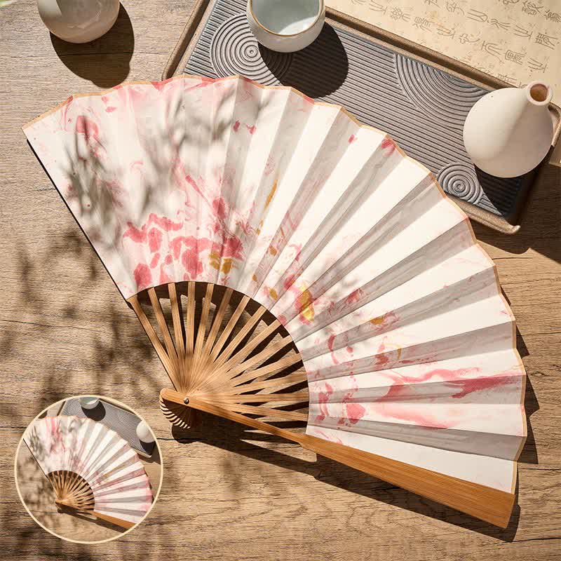Buddha Stones Pink Gold Lacquer Floating Pattern Ink Bamboo Paper Folding Fan - 10-inch Folding Fan Pink Gold - Closed Size: Approx. 33 cm /13.0 in - image 0